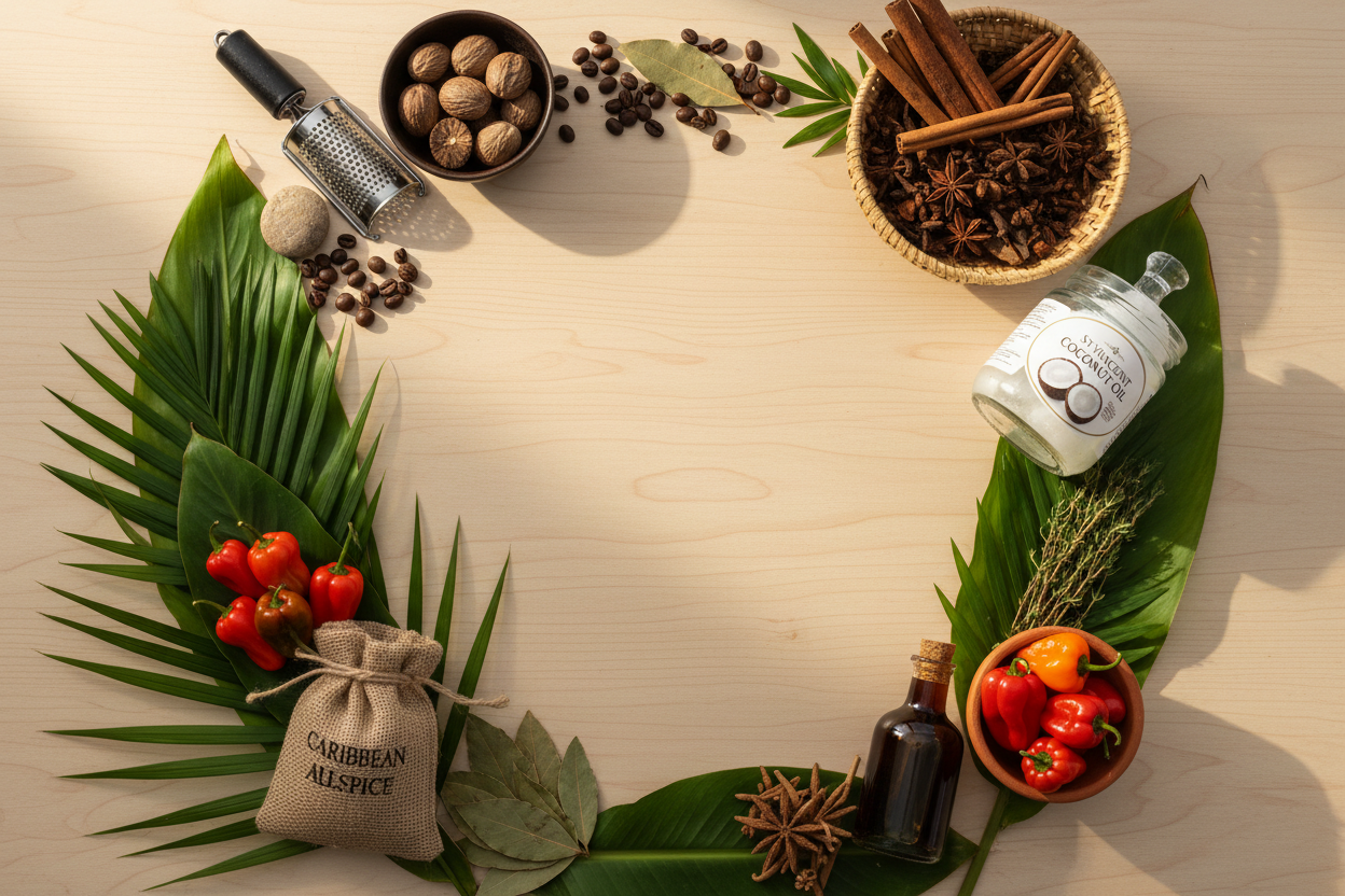 Caribbean products flat lay with tropical styling